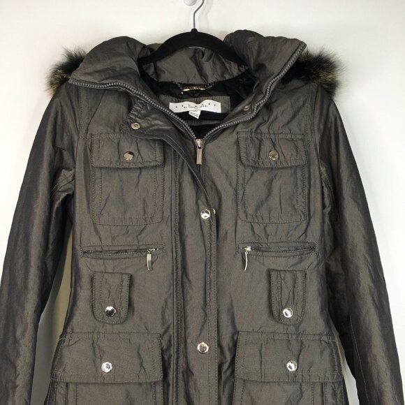 Laundry by Shelli Segal Fur Trim Hood  Long Jacket Green Size XS - Picture 2 of 16